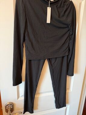 Black Ribbed Long Sleeve Jumpsuit